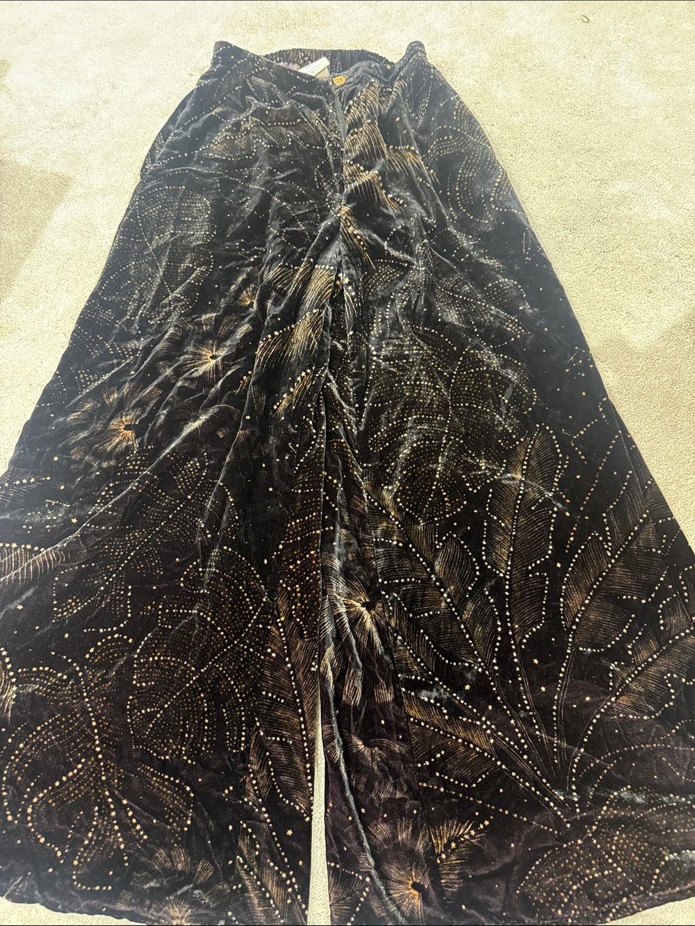 FARM Rio Black Velvet Pants with Gold Dot & Floral Motif